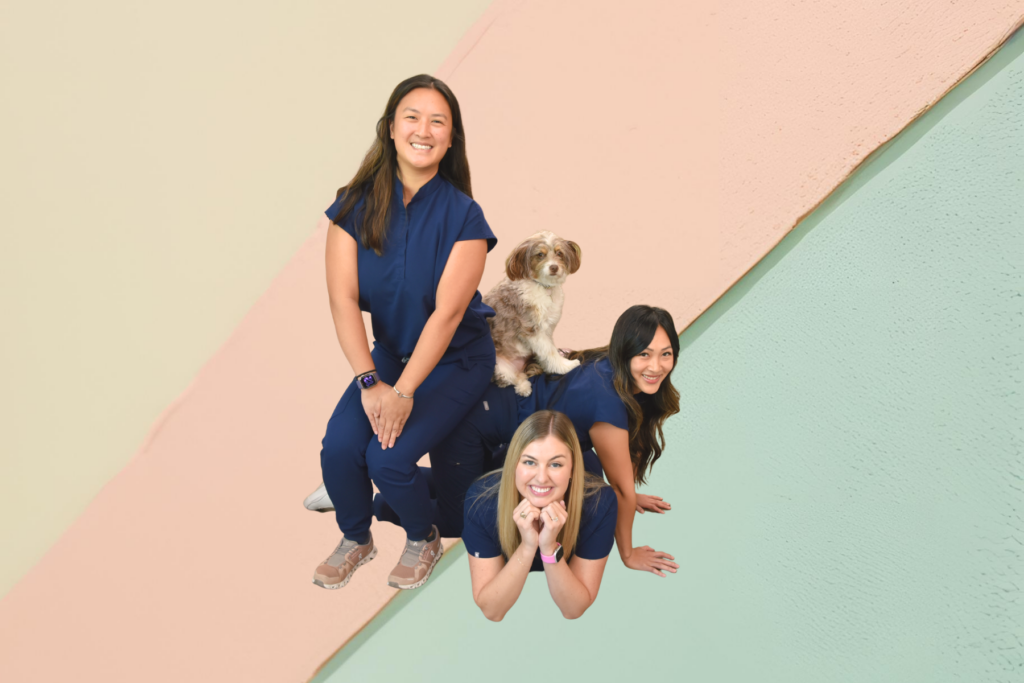 The three Look + See optometrists posing together in navy scrubs with the office dog Uni against a pastel background