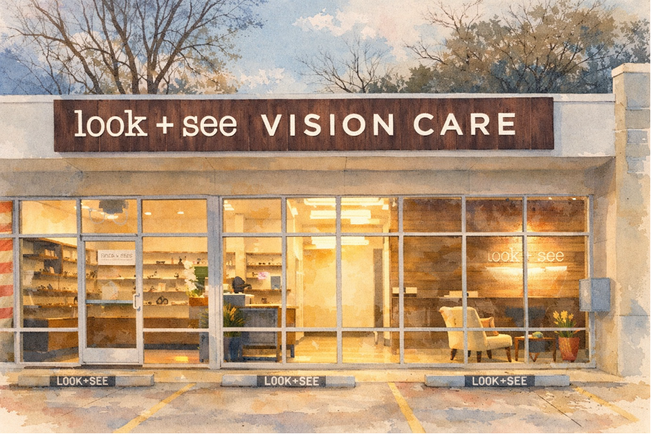 Watercolor illustration of the Look + See Vision Care storefront on South First Street
