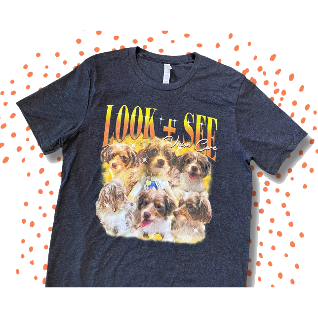 Navy Look + See referral reward t-shirt with a retro collage of dog portraits