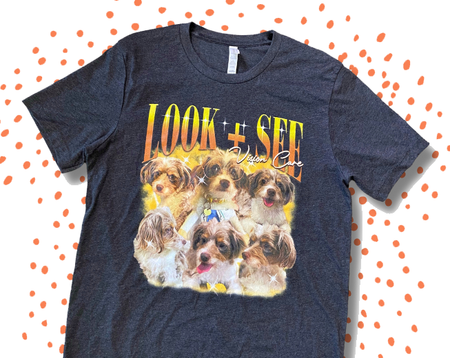 Navy Look + See referral reward t-shirt with a retro collage of dog portraits