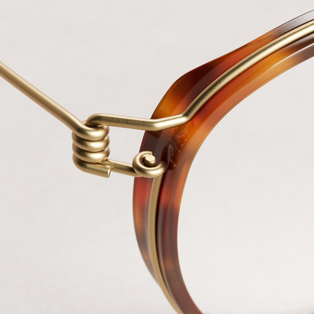 Close-up of a LINDBERG frame with a tortoiseshell rim and a gold titanium coil hinge